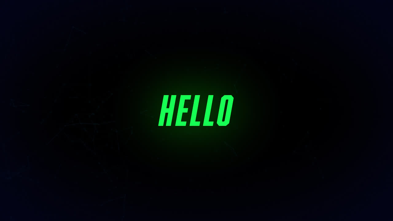 Animation of hello text over light trails on black background