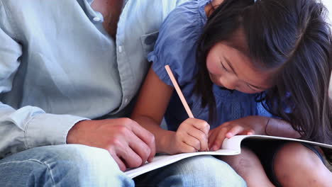 girl colouring a book on her fathers lap