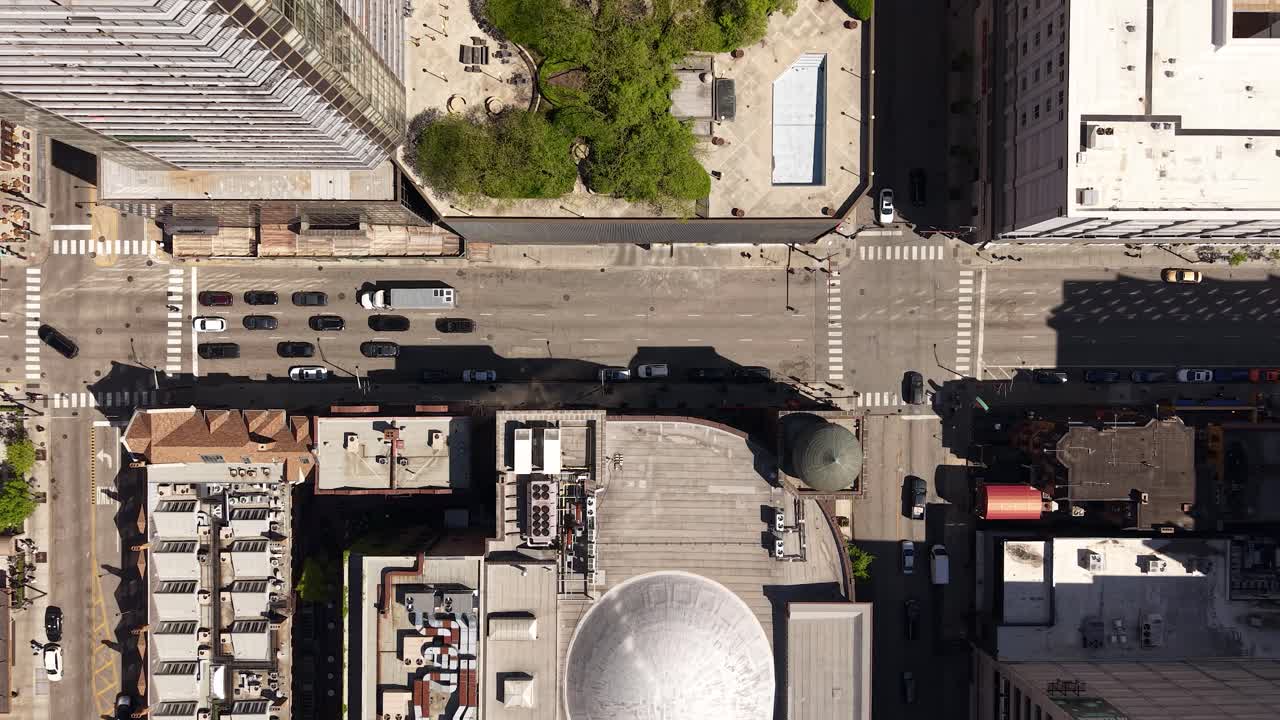 Street Traffic in Downtown Chicago USA, Top Down Drone Shot on Sunny Day
