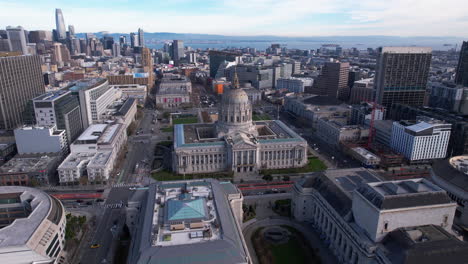 drone shot of san francisco city hall, superior courthouse, civic center plaza and downtown buildings, california usa