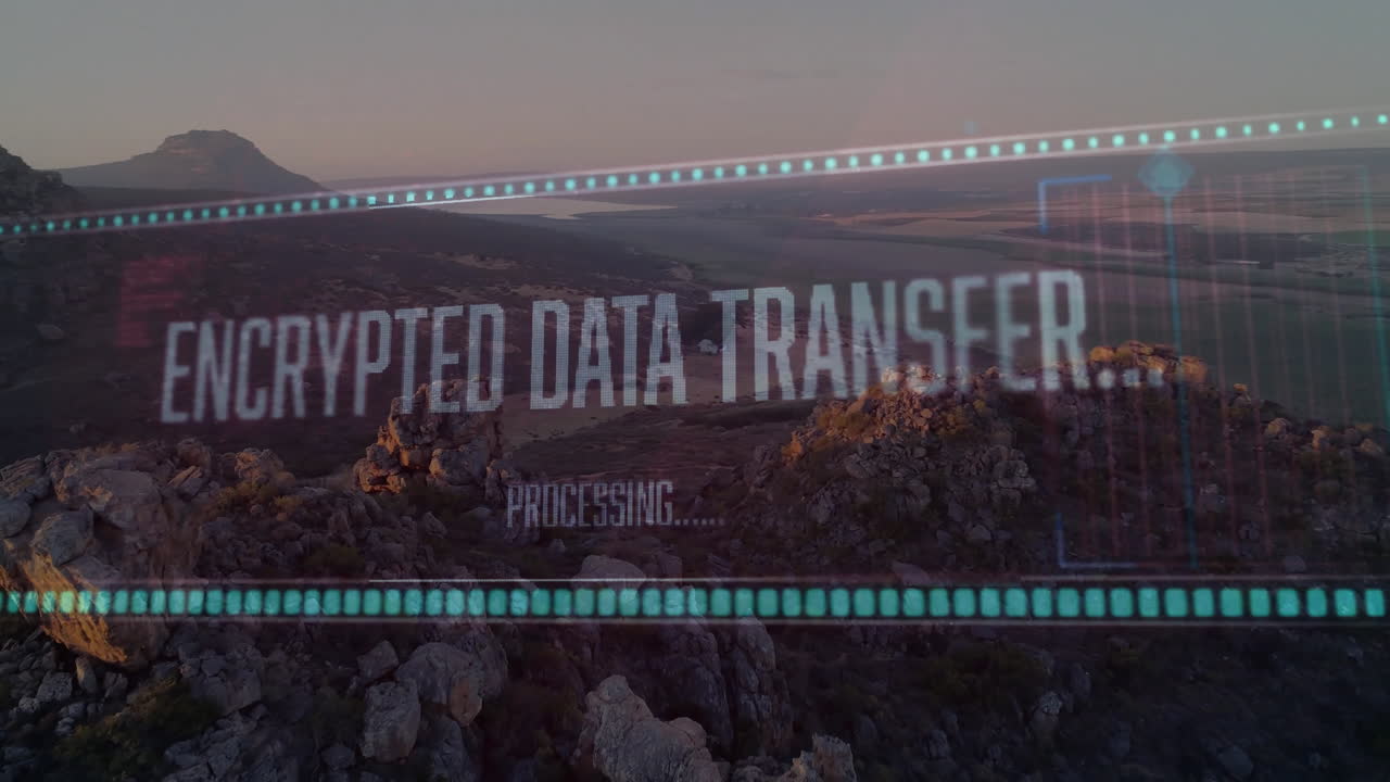 Translucent HUD overlay showing teal dotted lines and data panel floating over rocky valley