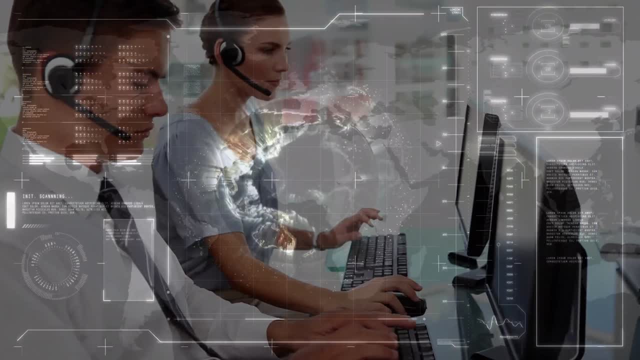 animación del procesamiento de datos financieros sobre personas de negocios que trabajan en la oficina