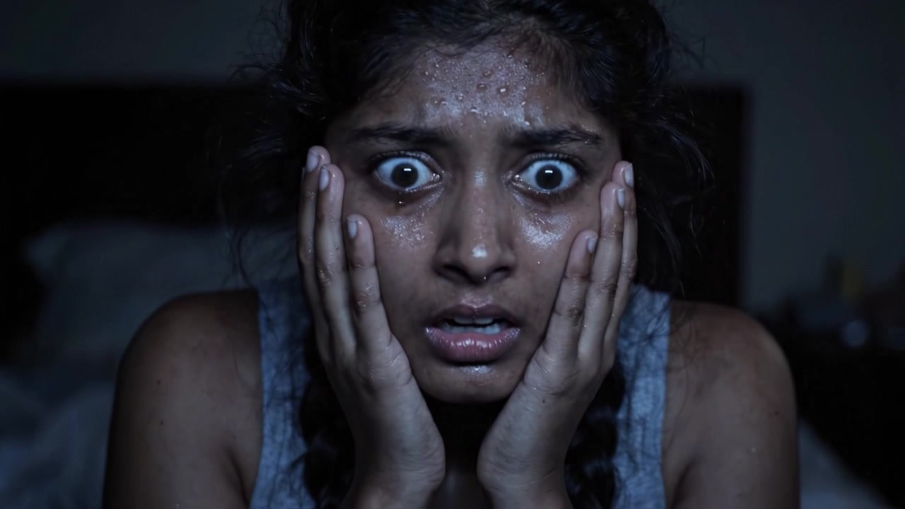 A Disturbing Moment Captured: An Individual's Expression of Fear and Anxiety in a Dimly Lit Room, Highlighting Emotions of Terror and Unease