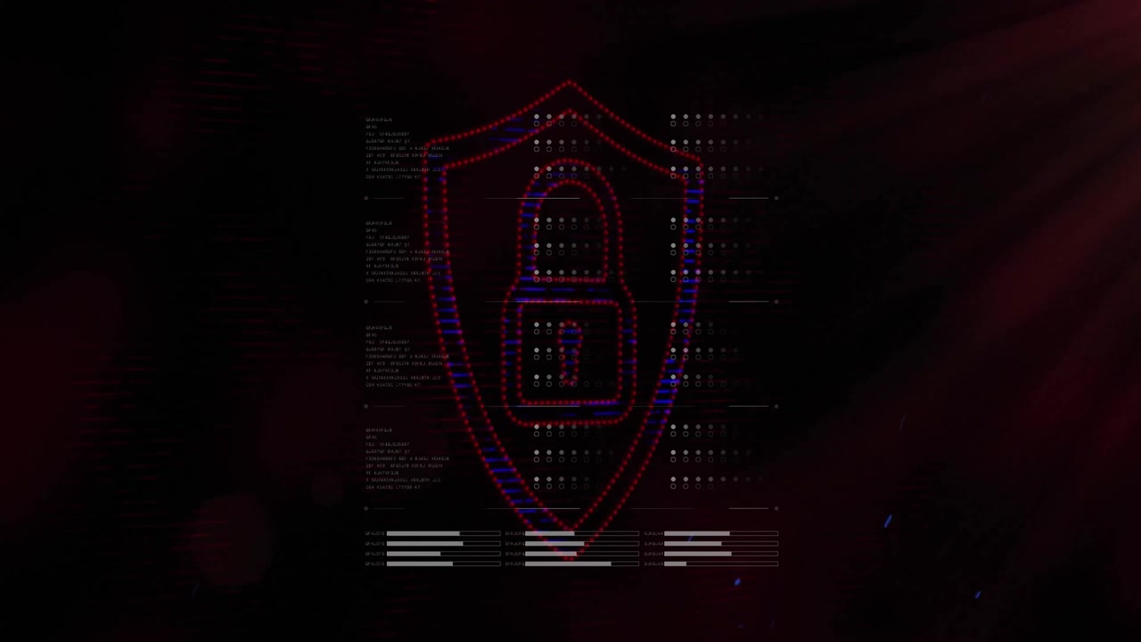 Red shield with padlock icon being animated in glitch UI, showing code fragments and grid nodes