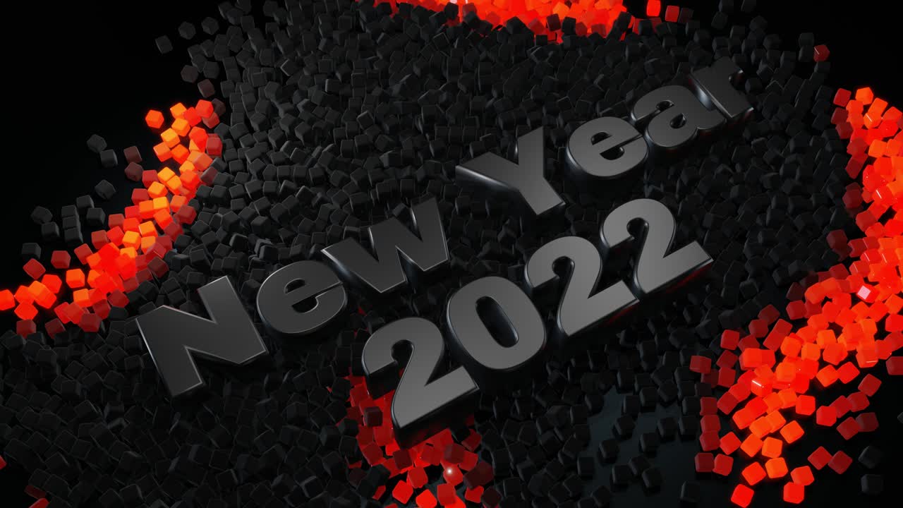 3d nuevo año de fondo en bucle con inscripción nuevo año y guirnalda, cubos esparcidos en el plano se iluminan, forman un hermoso patrón. ondas de brillo de color y luz. luz de neón para tarjeta de navidad.