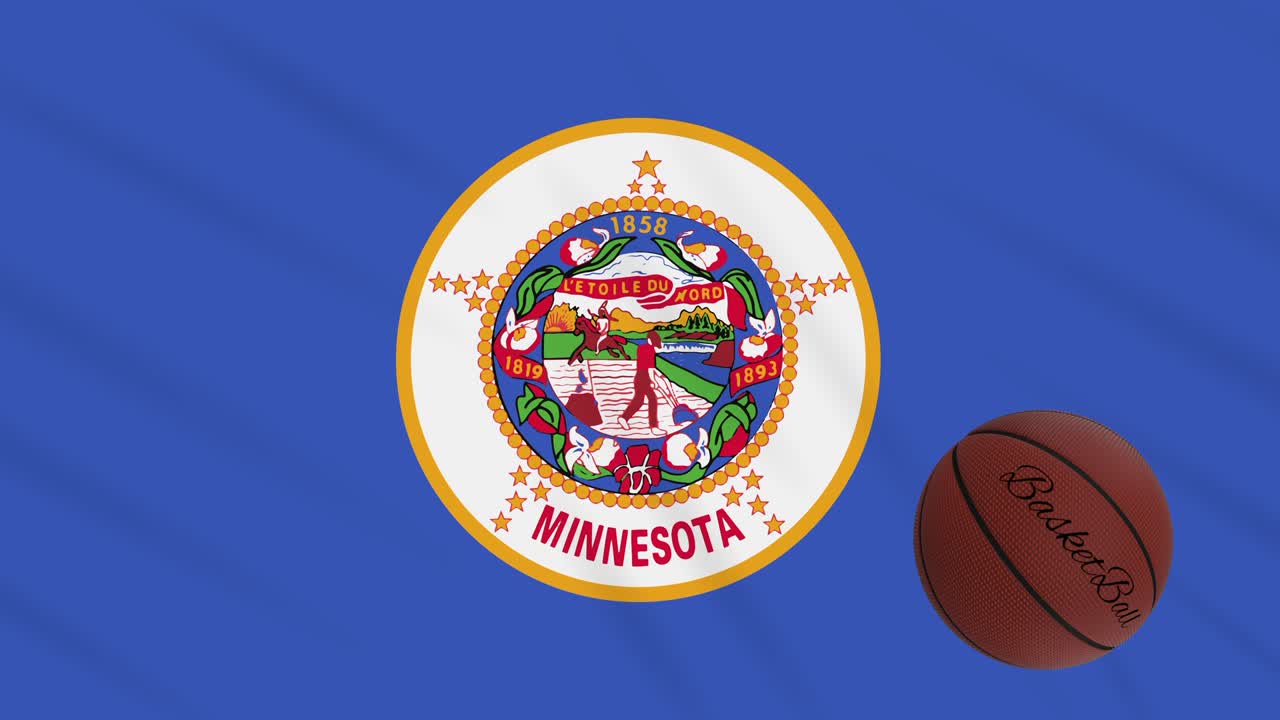 la bandera de minnesota ondeando y la pelota de baloncesto girando, bucle