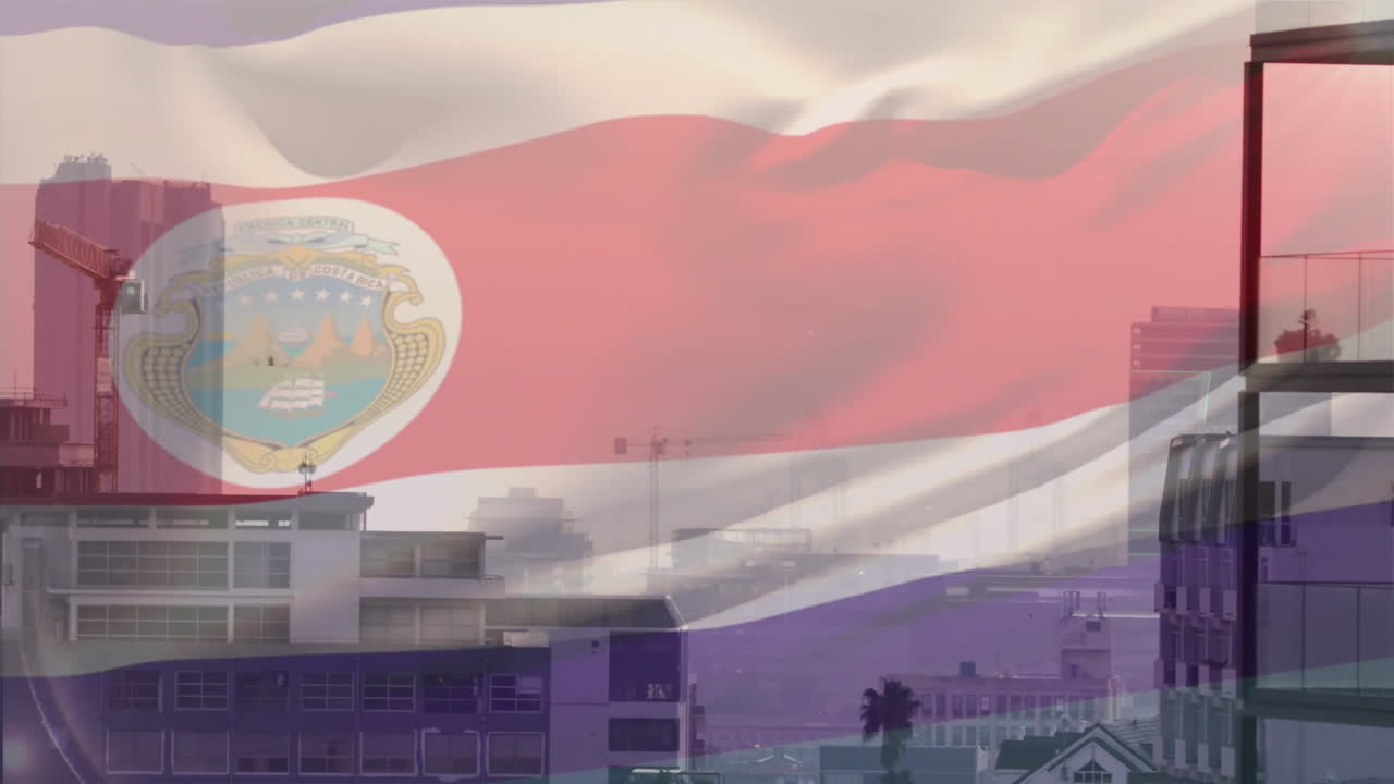Costa Rica flag animation overlaying urban skyline with cranes and buildings