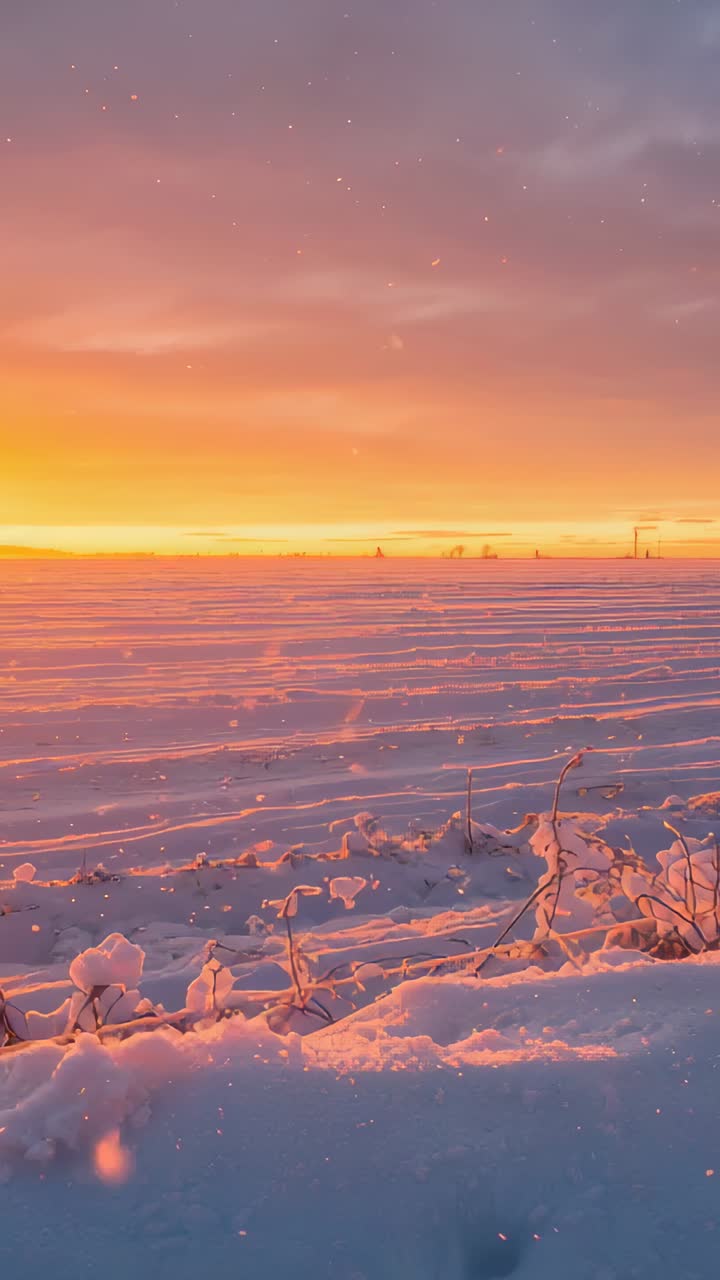 Vertical video: Shifting camera showing snow field at sunrise, revealing furrows, capturing light