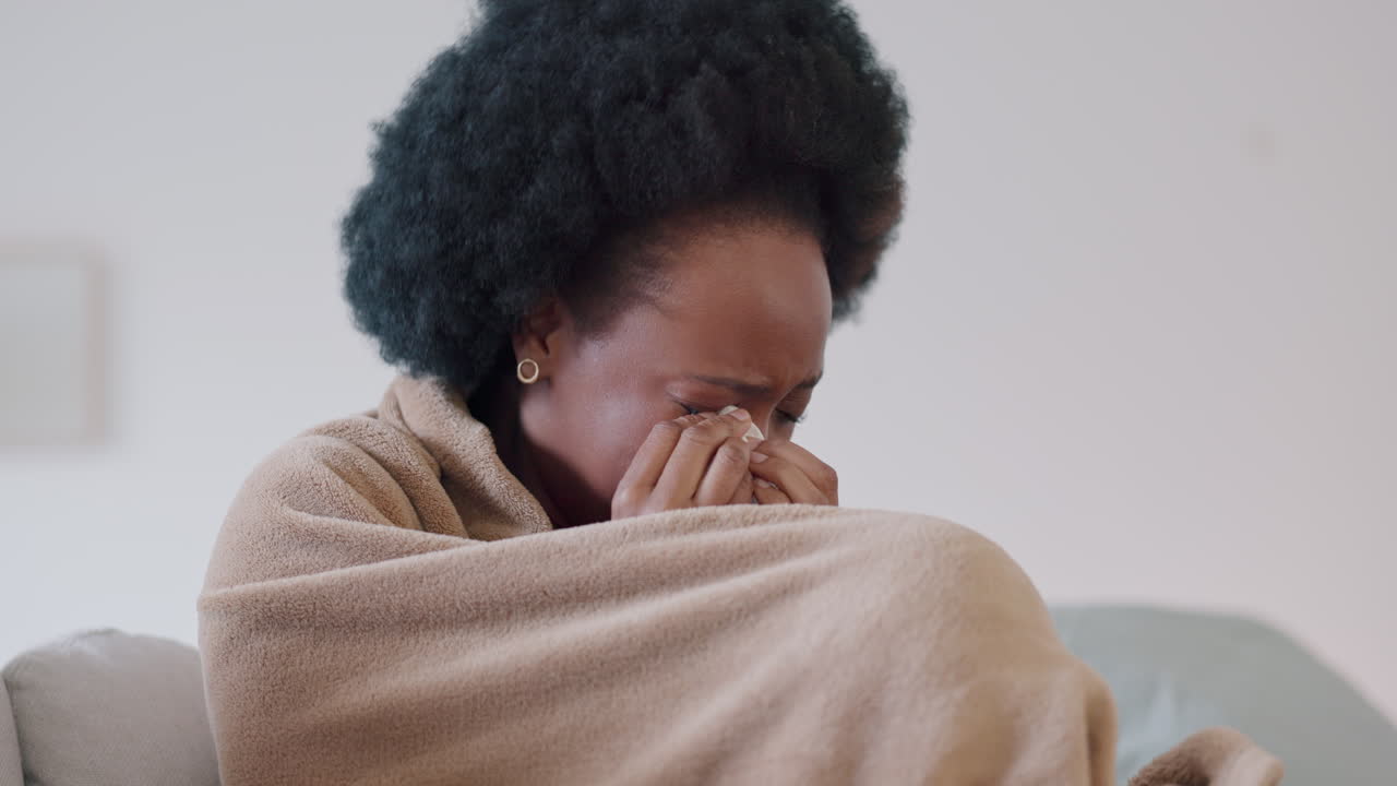 Sad crying black woman with depression at home