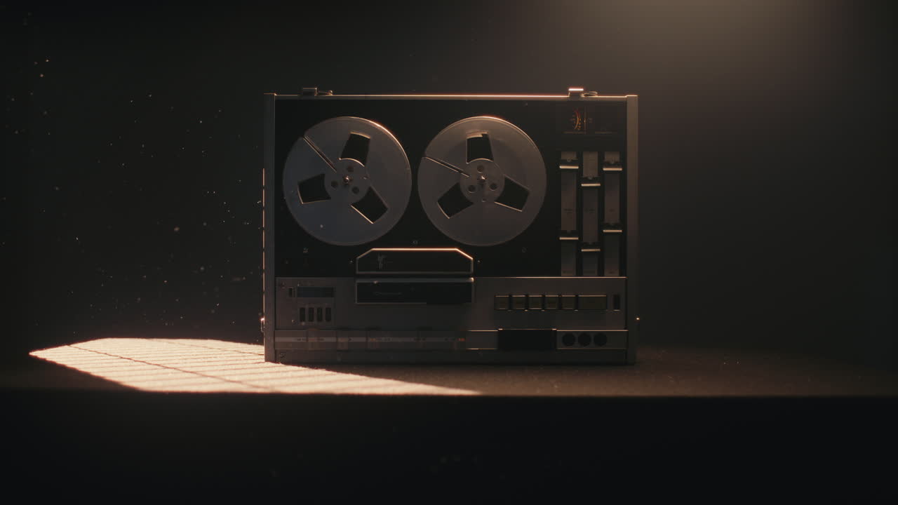 A vintage tape recorder in a blinking light