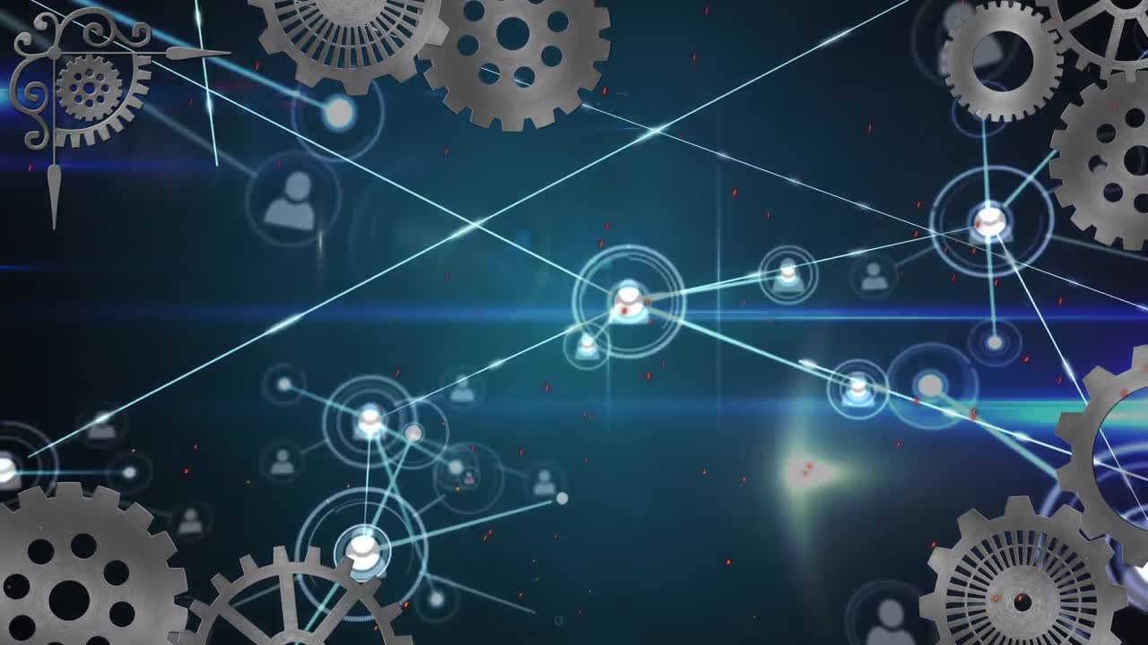 Animation of network of connections with people icons and cogs over blue background