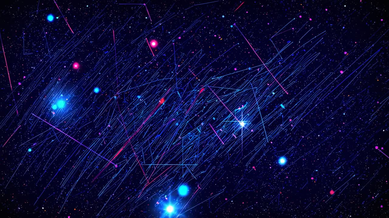 Starting playback of cosmic field evolving across space, with neon streaks and red cometlike streak