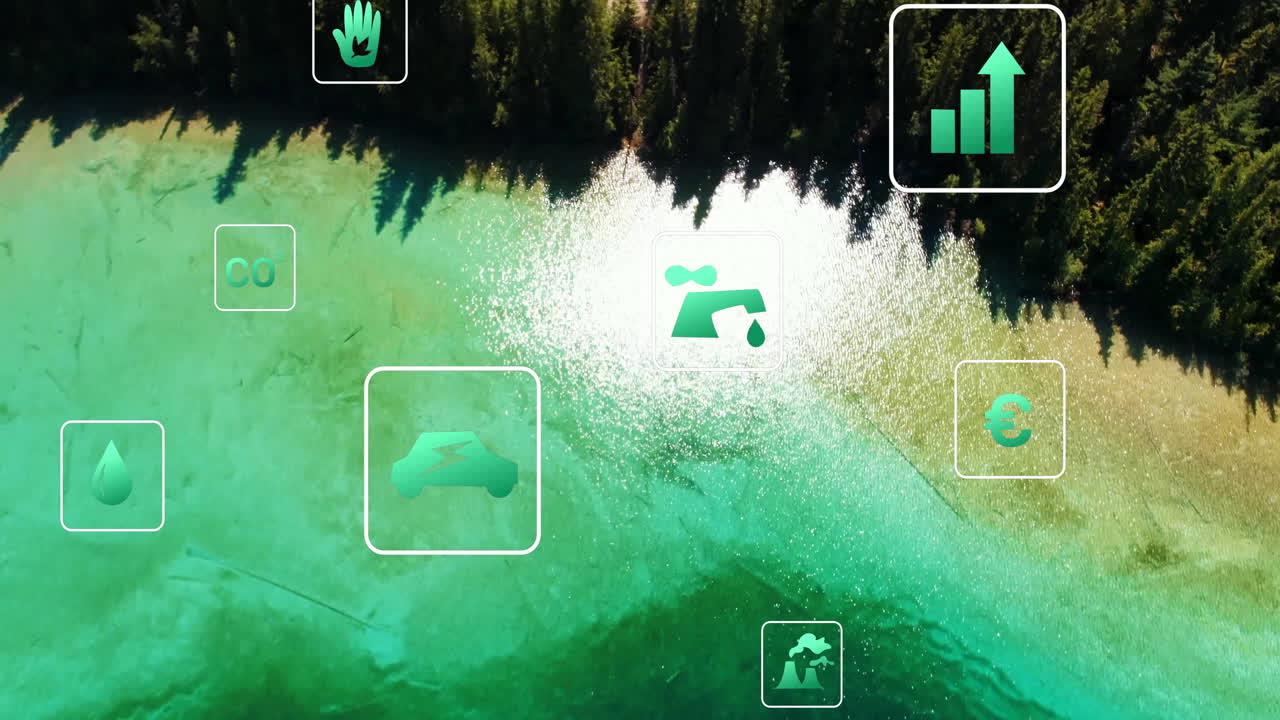 Environmental icons and data processing animation over serene forest and lake scene