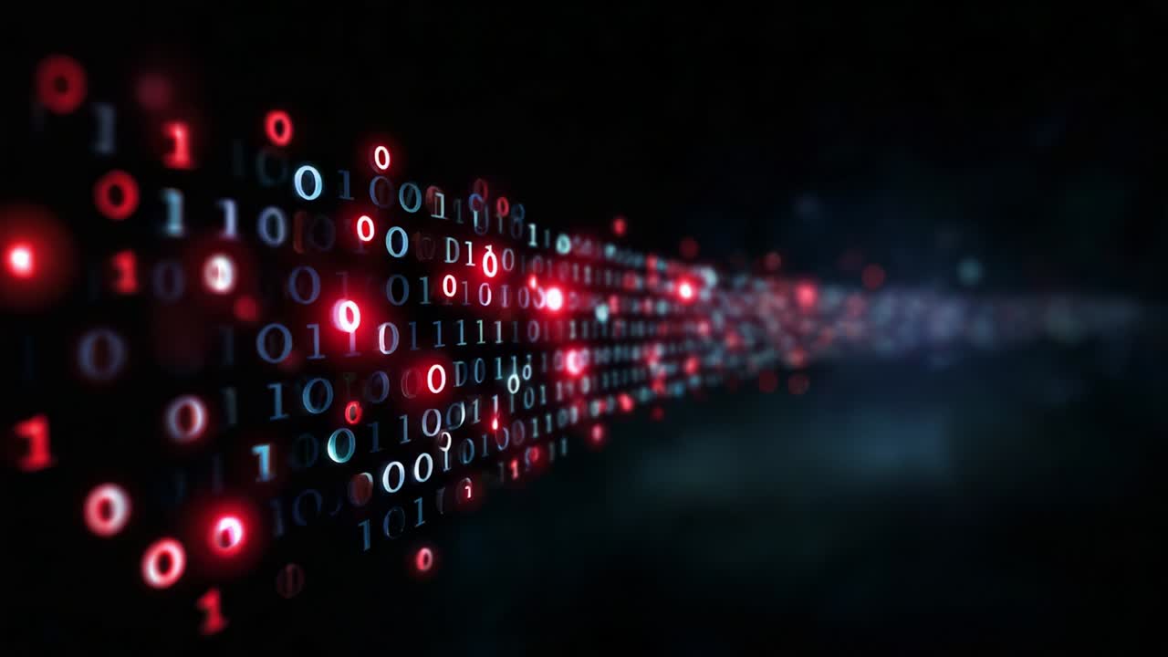 A captivating visual representation of binary data, showcasing a mesmerizing flow of illuminated ones and zeros against a dark background, highlighting the digital world and its essential components