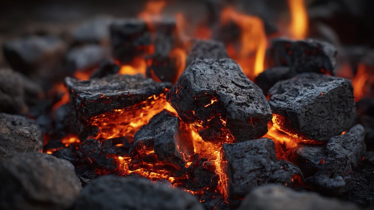 Bagliore intenso di braci ardenti circondate da rocce scure, che cattura l'essenza della luce naturale del fuoco e del calore in una scena ravvicinata.