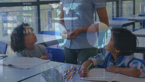 animation of financial data processing over diverse teacher and schoolchildren in class