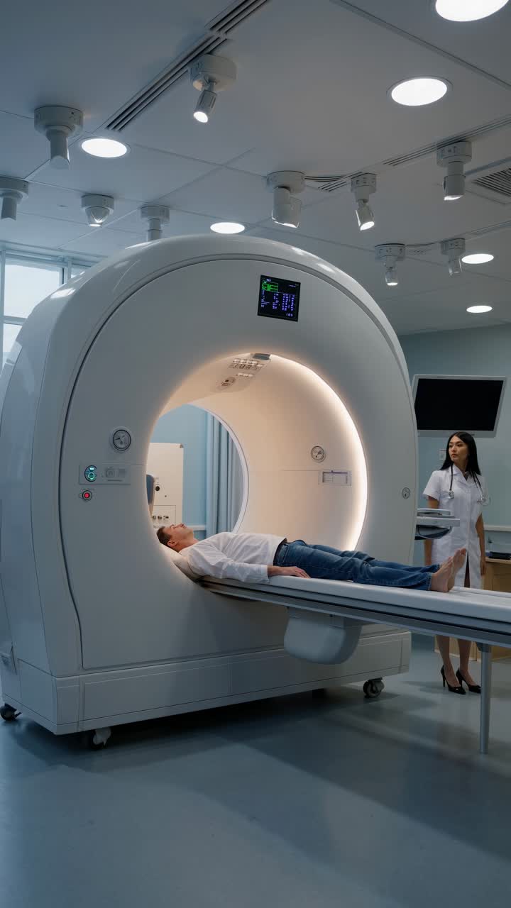 Fermo immagine video dall'alto di un paziente in una macchina per la risonanza magnetica, con un professionista medico nelle vicinanze.