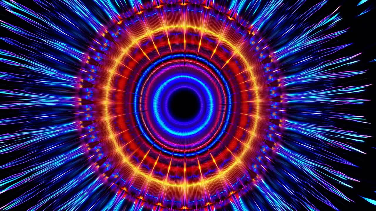 Motivo caleidoscopico astratto vibrante con luci al neon pulsanti.