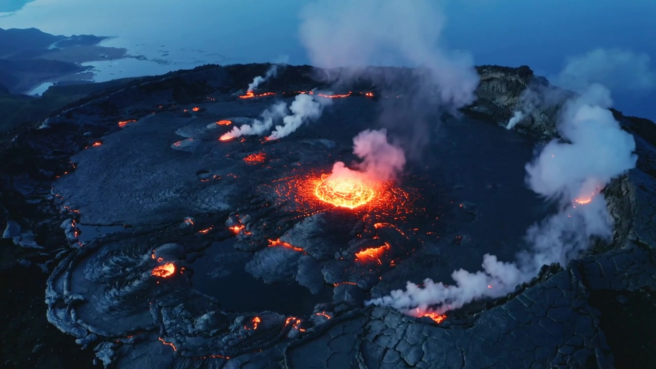 Approaching drone capturing volcanic crater at dusk, documenting lava lake and steaming vents
