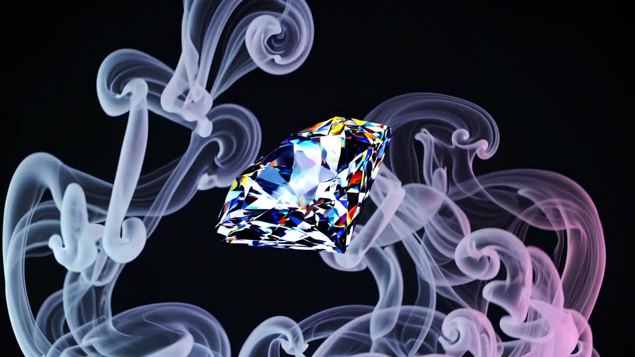 A vibrant diamond surrounded by swirling colorful smoke, captured from a side angle