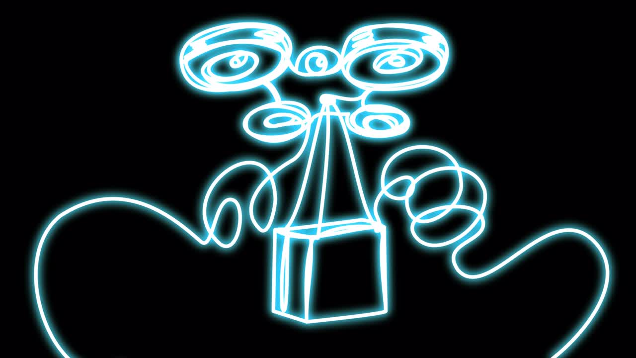 drone de neón con un paquete.