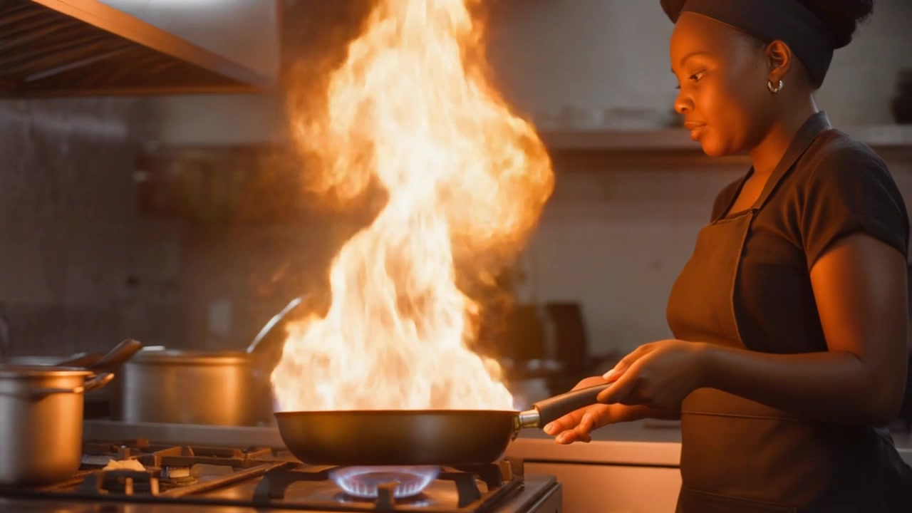 Professionel kok flamberer mad i et restaurantkøkken