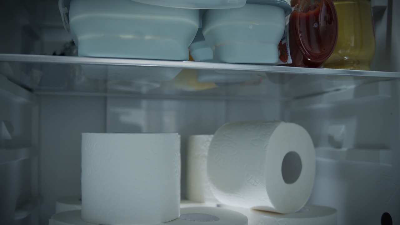 las compras de pánico de papel higiénico ya están almacenadas en el refrigerador.