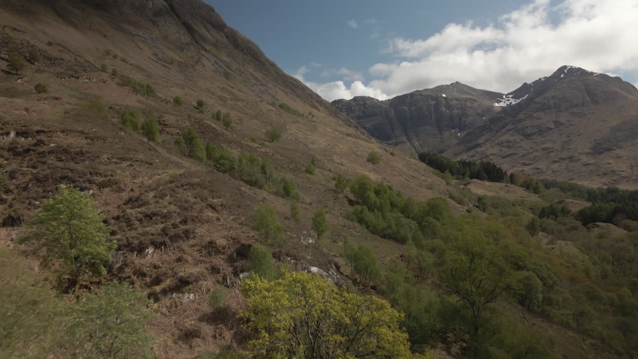 Drone flying low along side of Scottish valley featuring green trees, brown dry grass and mountain with snow patches