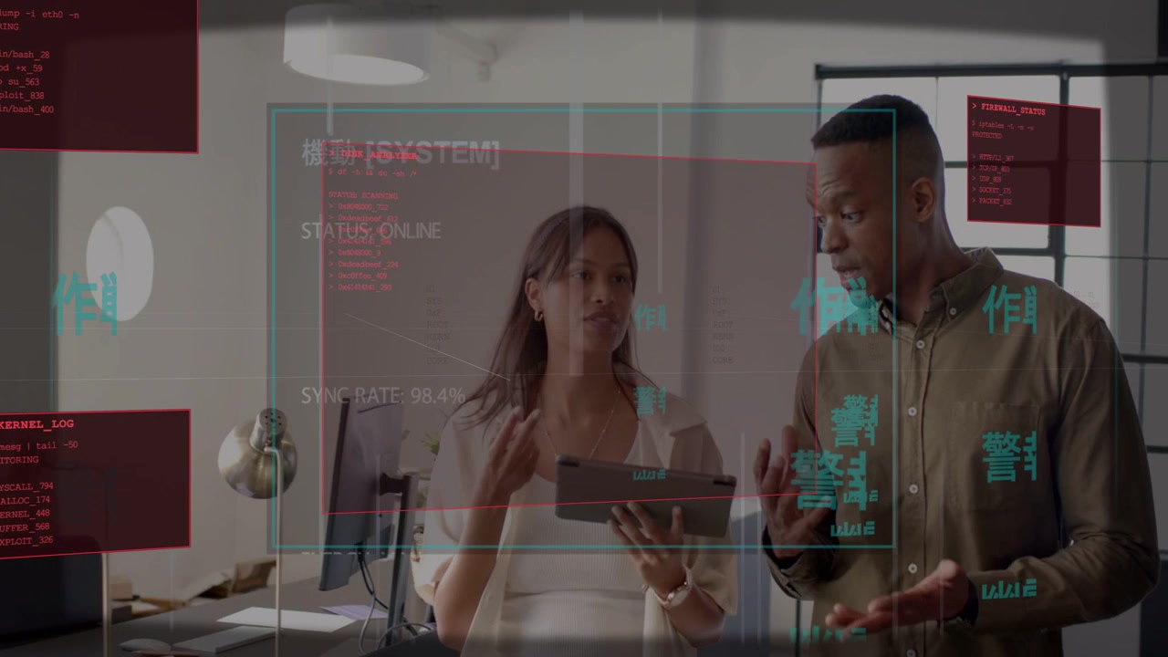 Two peers walking office, woman tapping tablet, AR UI rising, reviewing system metrics together