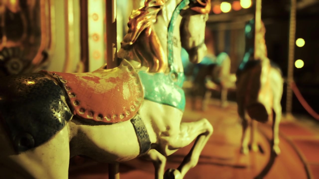 Retro horse ambiance illuminated antique carousel sculpture scene