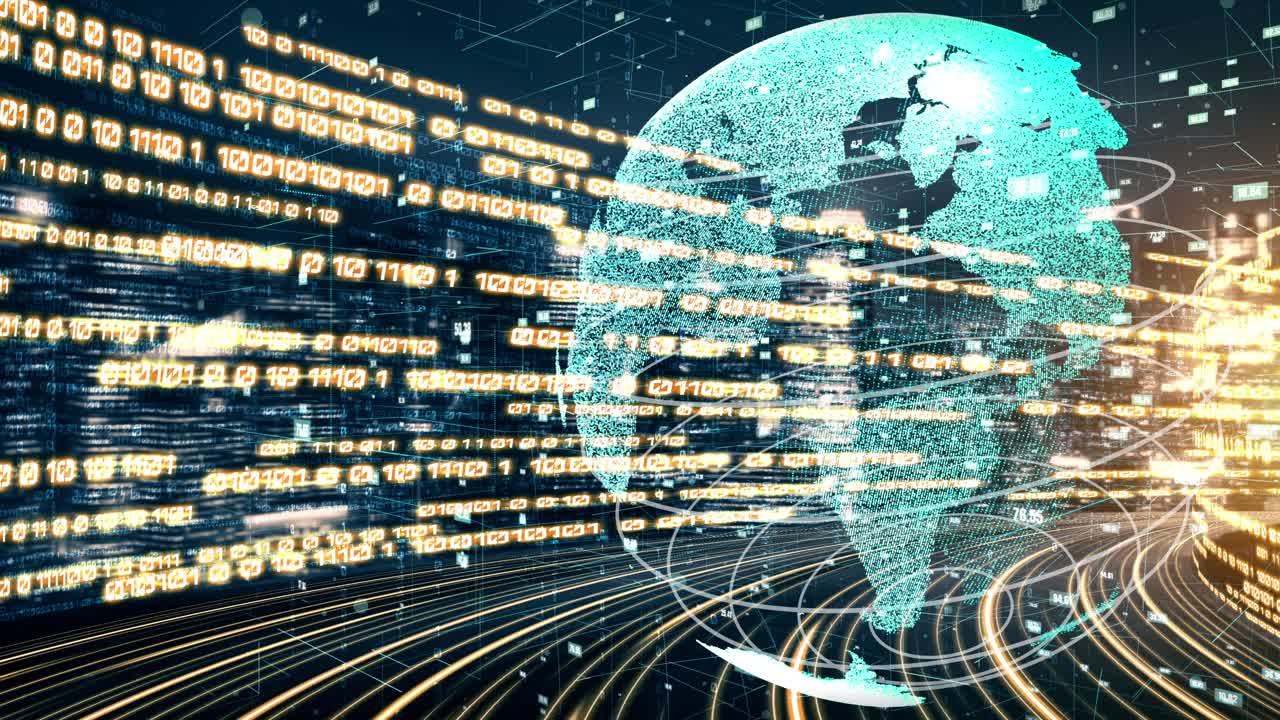 Futuristic global network and tacit digital data transfer 3D graphic