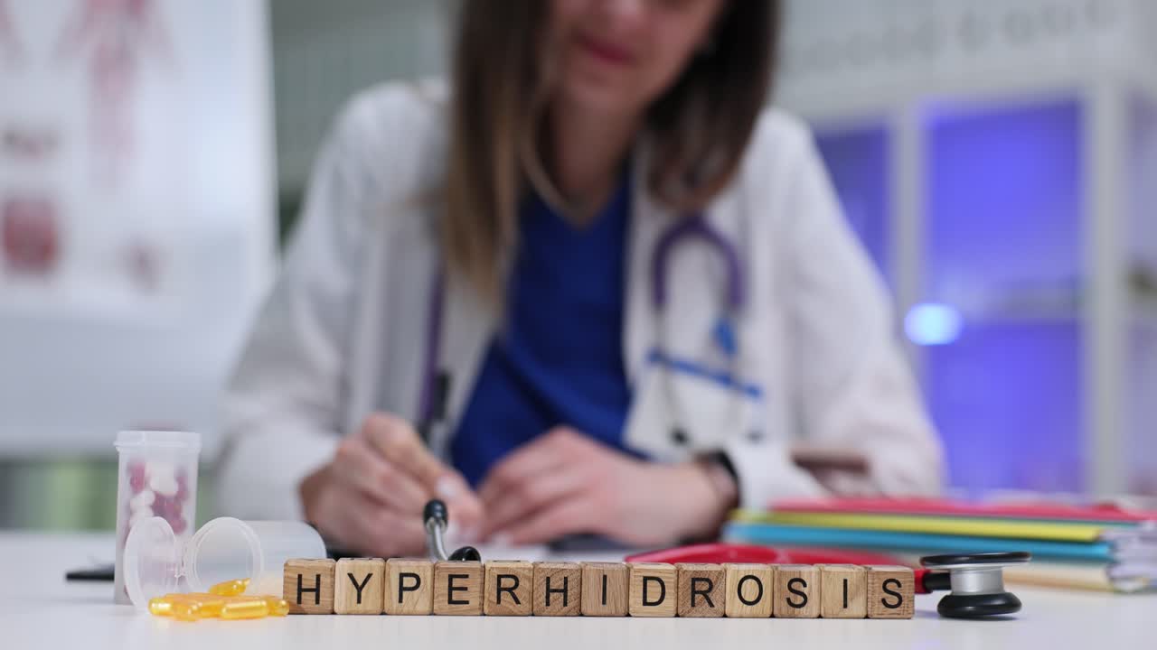 Cubos de madeira sobre a mesa formam o termo médico 'hiperidrose' pelo médico.