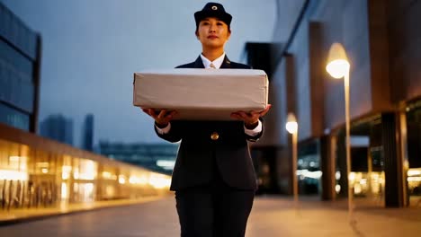 security guard holding a box at night