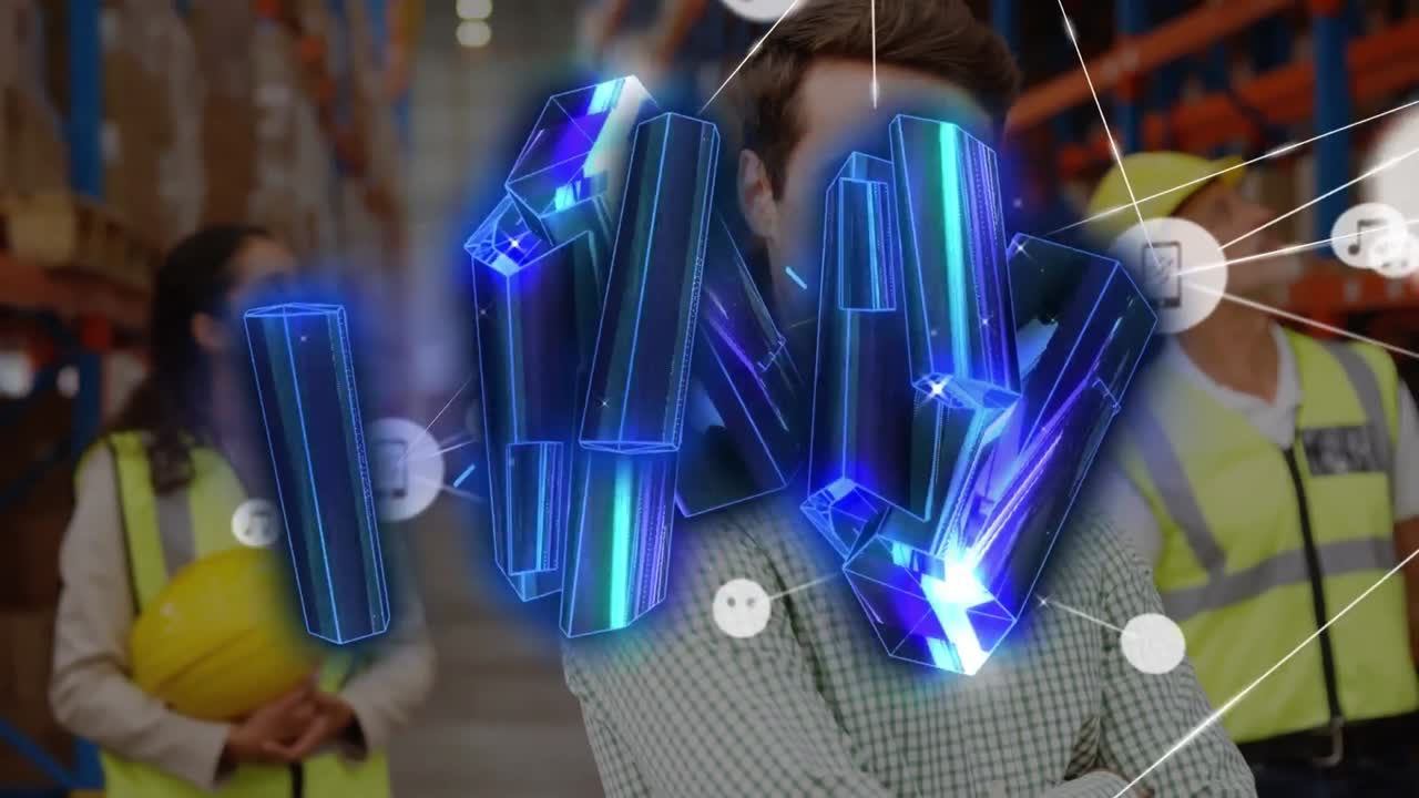 창고에 있는 사람들에 대한 연결 네트워크와 함께 파란색 금속 블록의 애니메이션