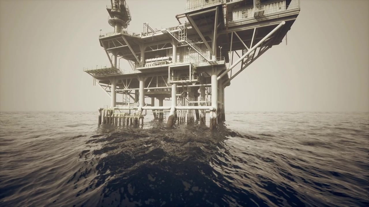 Vintage olieinstallation med ældet metal og stormfuldt havlandskab i filmisk stil