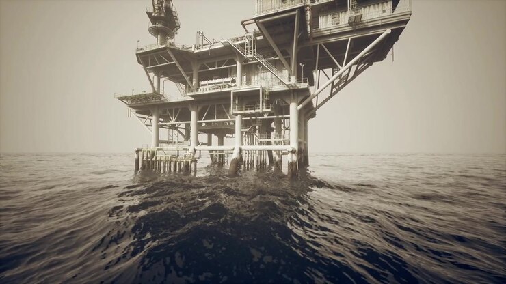 Vintage oil installation with aged metal and stormy seascape in cinematic style