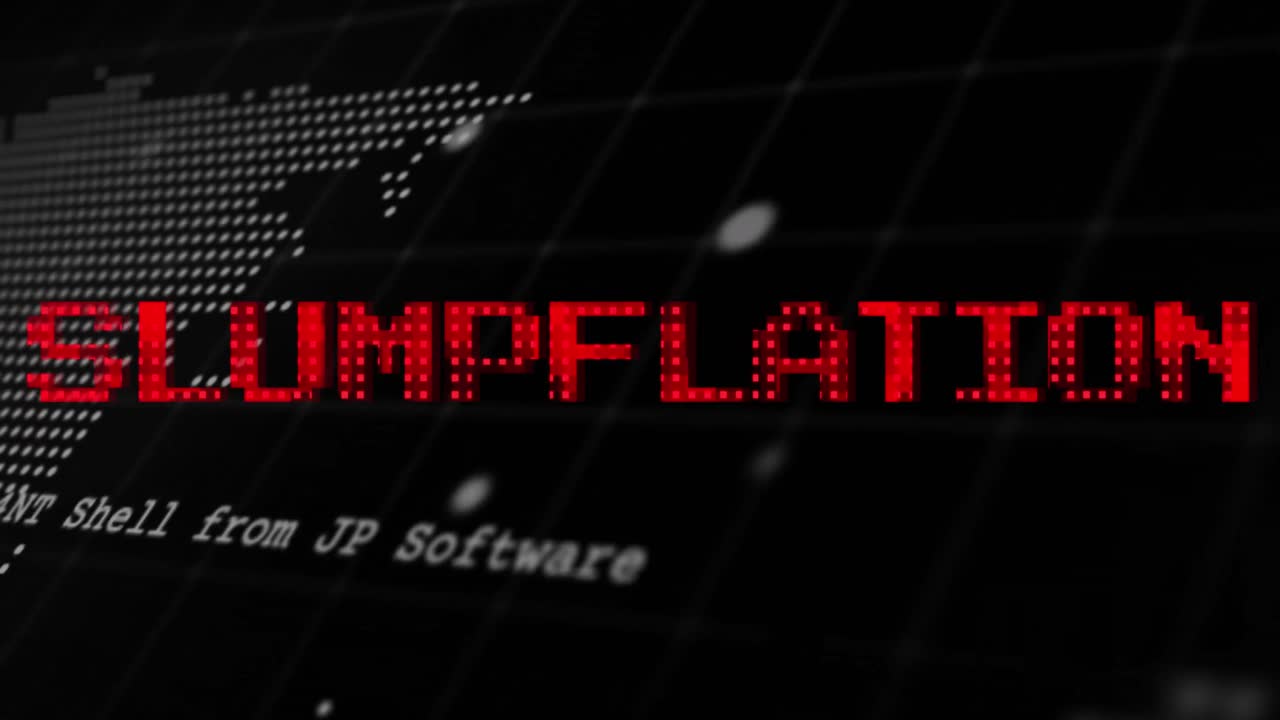 세계 지도와 처리 데이터 위에 빨간색으로 슬럼프 플레이션 텍스트의 애니메이션