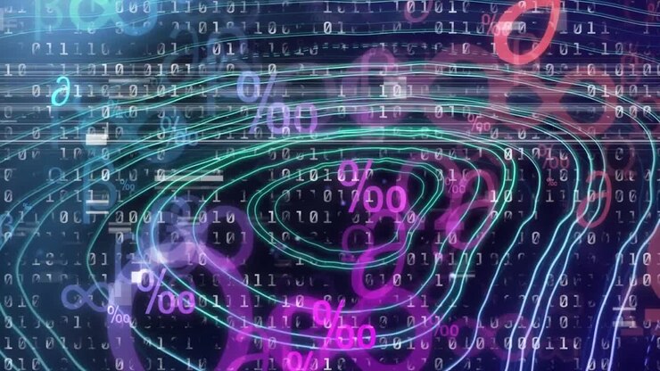 Animation of black digital screen with binary code and percents