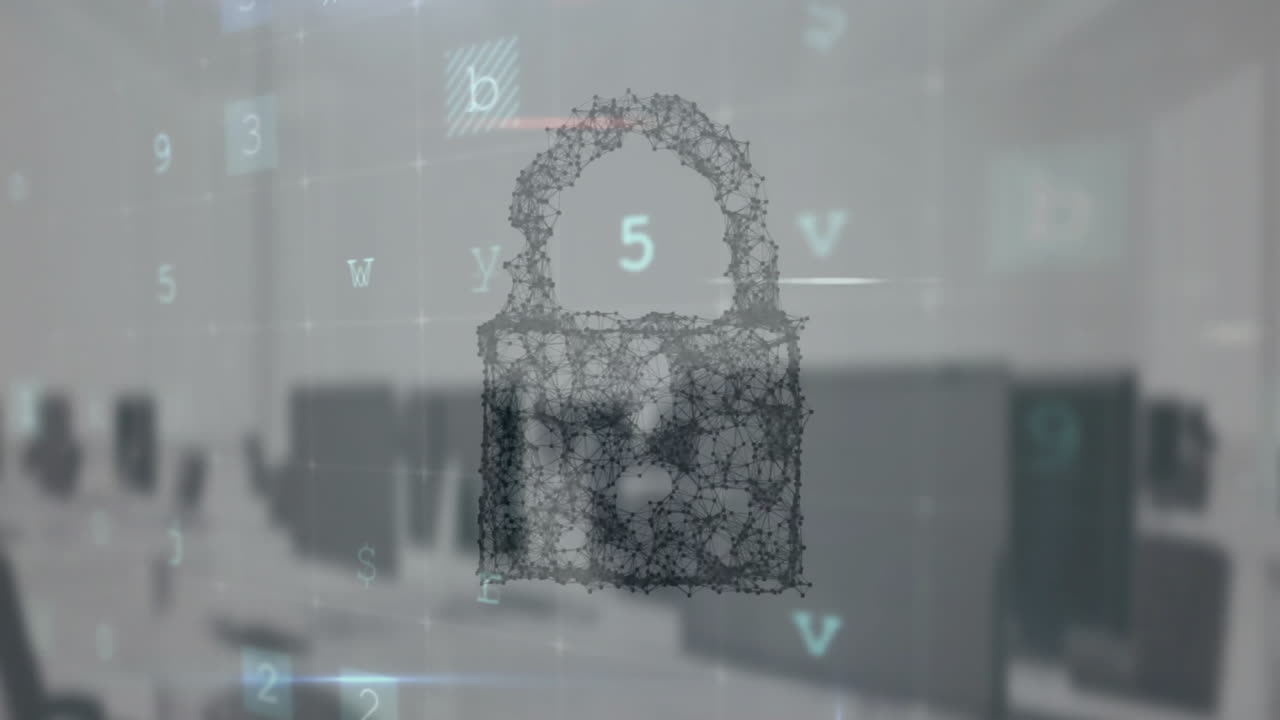 animación del candado, texto de advertencia y procesamiento digital de datos en la oficina