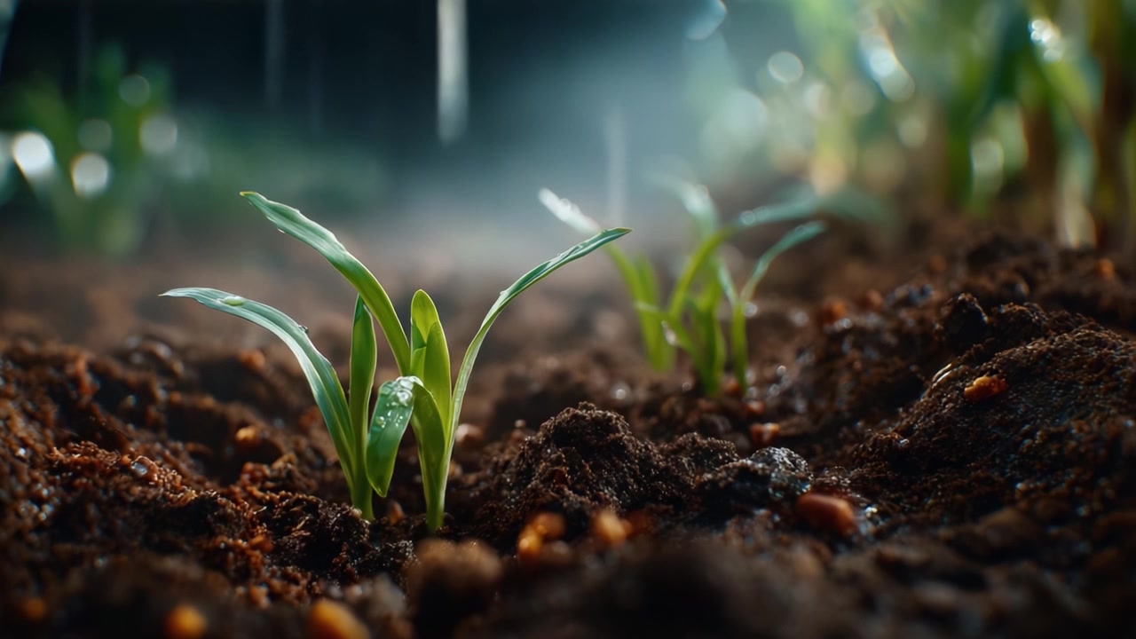 Emerging Life: A Close-Up View of Growing Seedlings in Nourishing Soil Under Soft Light and Gentle Rain, Showcasing Nature's Abundant Renewal and Growth
