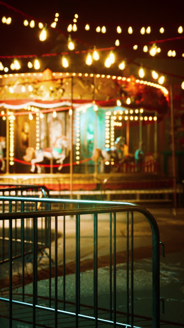 Illuminated merry go round spinning at night
