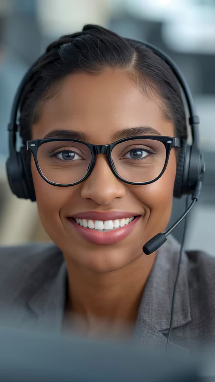 Vertical video: Receiving call rep wearing headset speaking into mic at office, helping caller