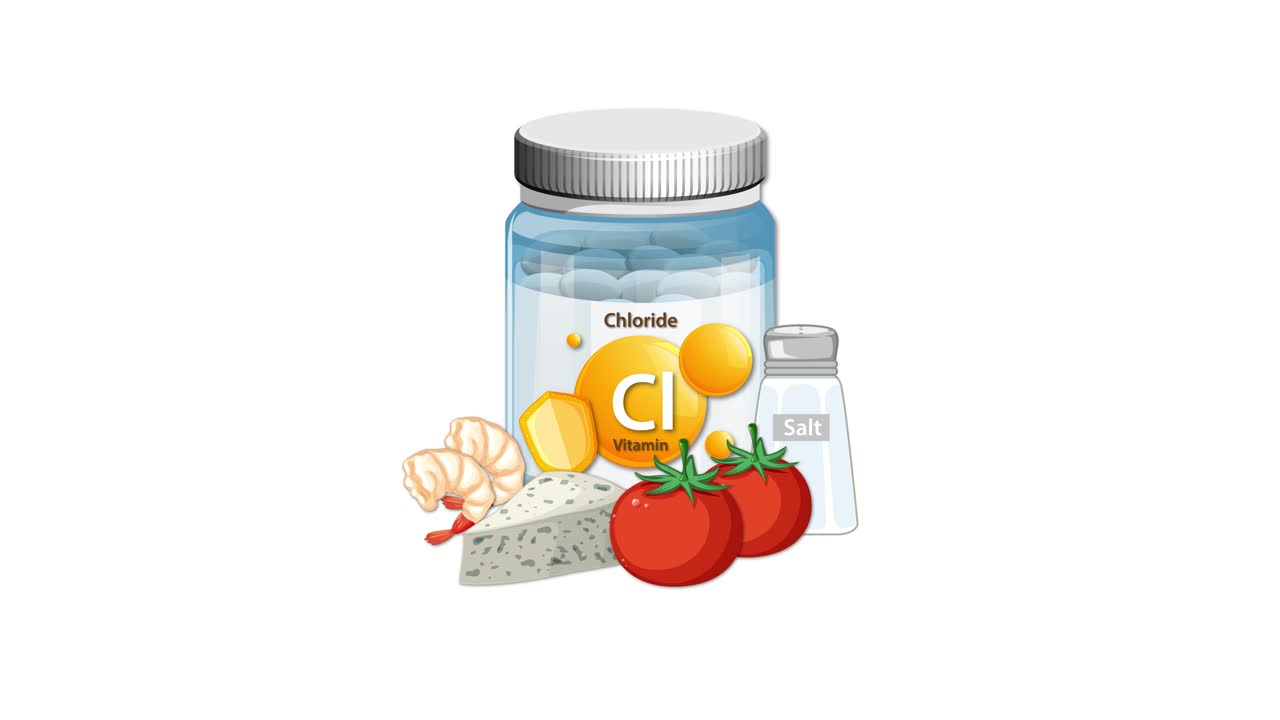 Chloride supplement bottle with tomatoes, salt, and lemon slices appears on clean white background