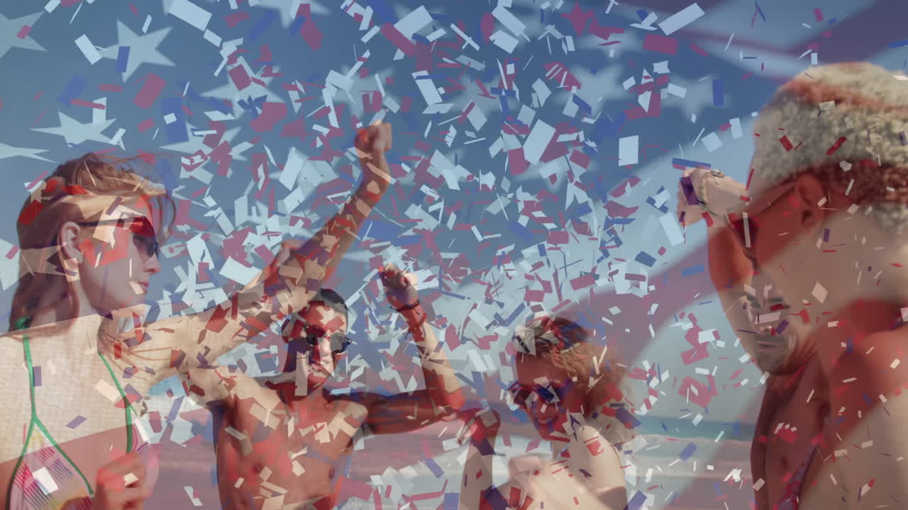 Celebrating at beach, people with colorful confetti falling around, feeling joyful