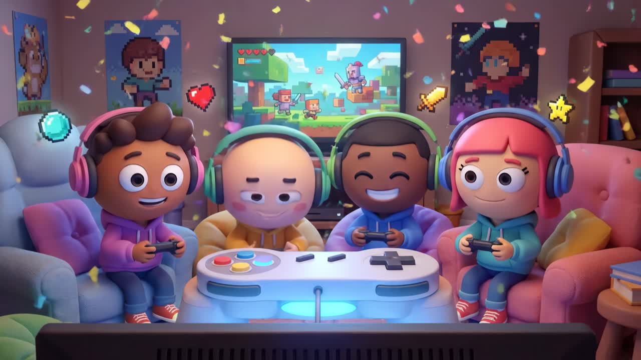 Anak-anak Beranimasi Bermain Video Game Bersama di Ruang Keluarga yang Penuh Warna