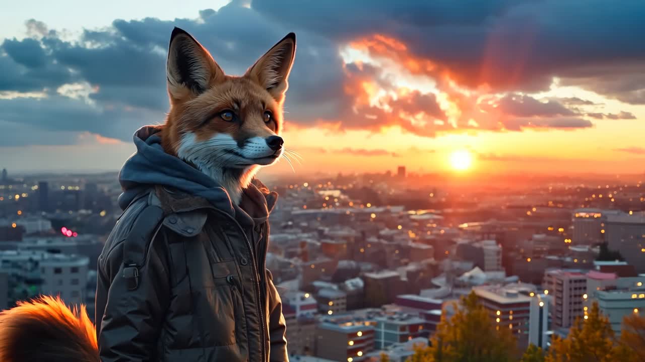 un zorro con una sudadera de capucha de pie en la parte superior de un edificio