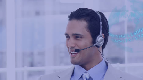 Animation-of-globe-over-businessman-phone-headset