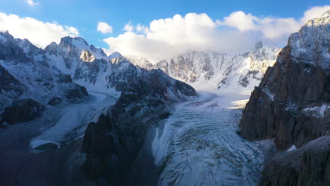 Stunning-aerial-view-of-the-majestic-Ak-say-Glacier-in-the-Kyrgyz-range-of-the-Tian-Shan-mountains,-Kyrgyzstan