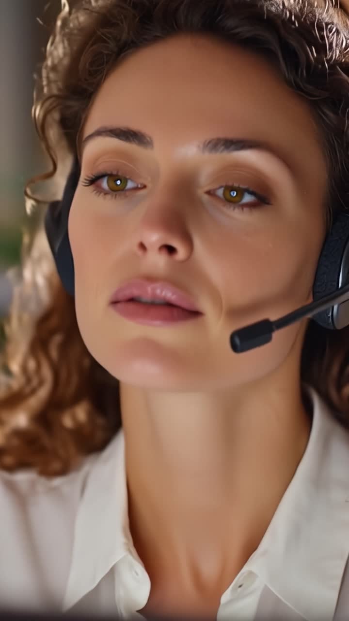 Kvinne med headset, snakker rolig. Myke krøller rammer inn ansiktet hennes, øynene er fokuserte. Hun smiler forsiktig, selvsikker, profesjonell. Bra for kundestøtte, teknologi eller fjernarbeidsscener