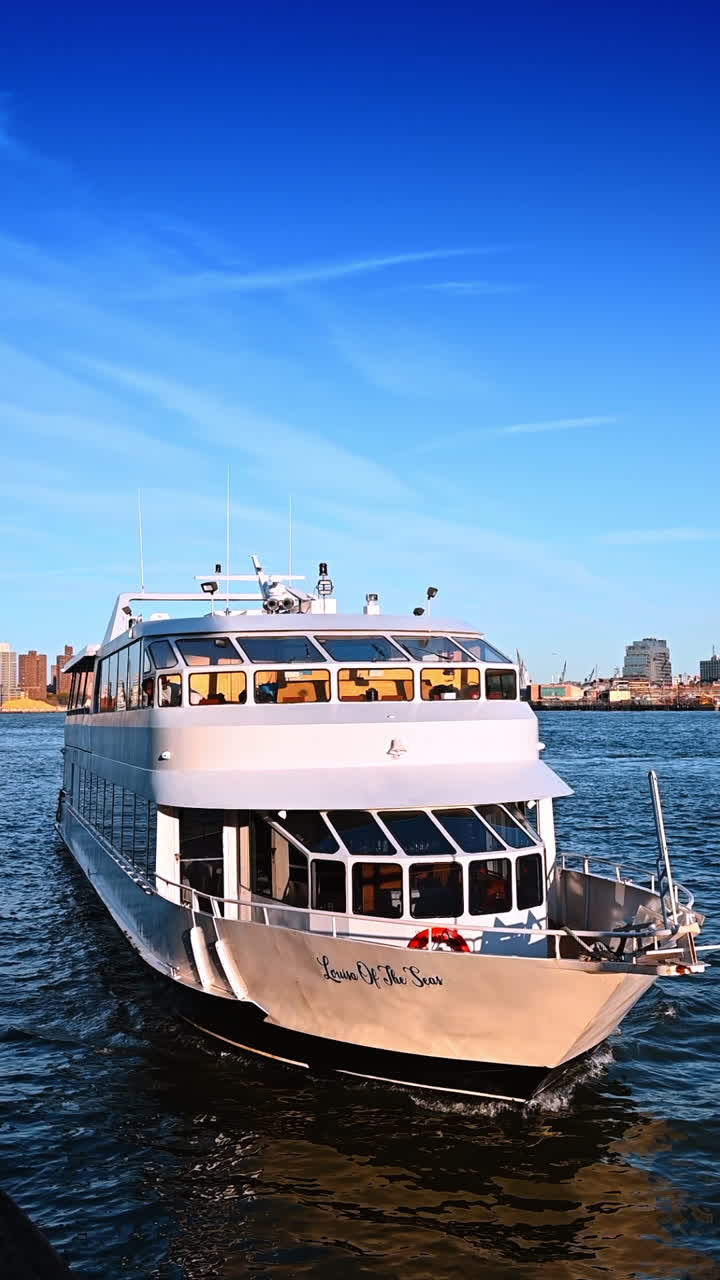 New York, USA, 2. august 2025: Turistbåd på vej langs East River. Turistbåd glider langs East River under en klar, blå New York-himmel